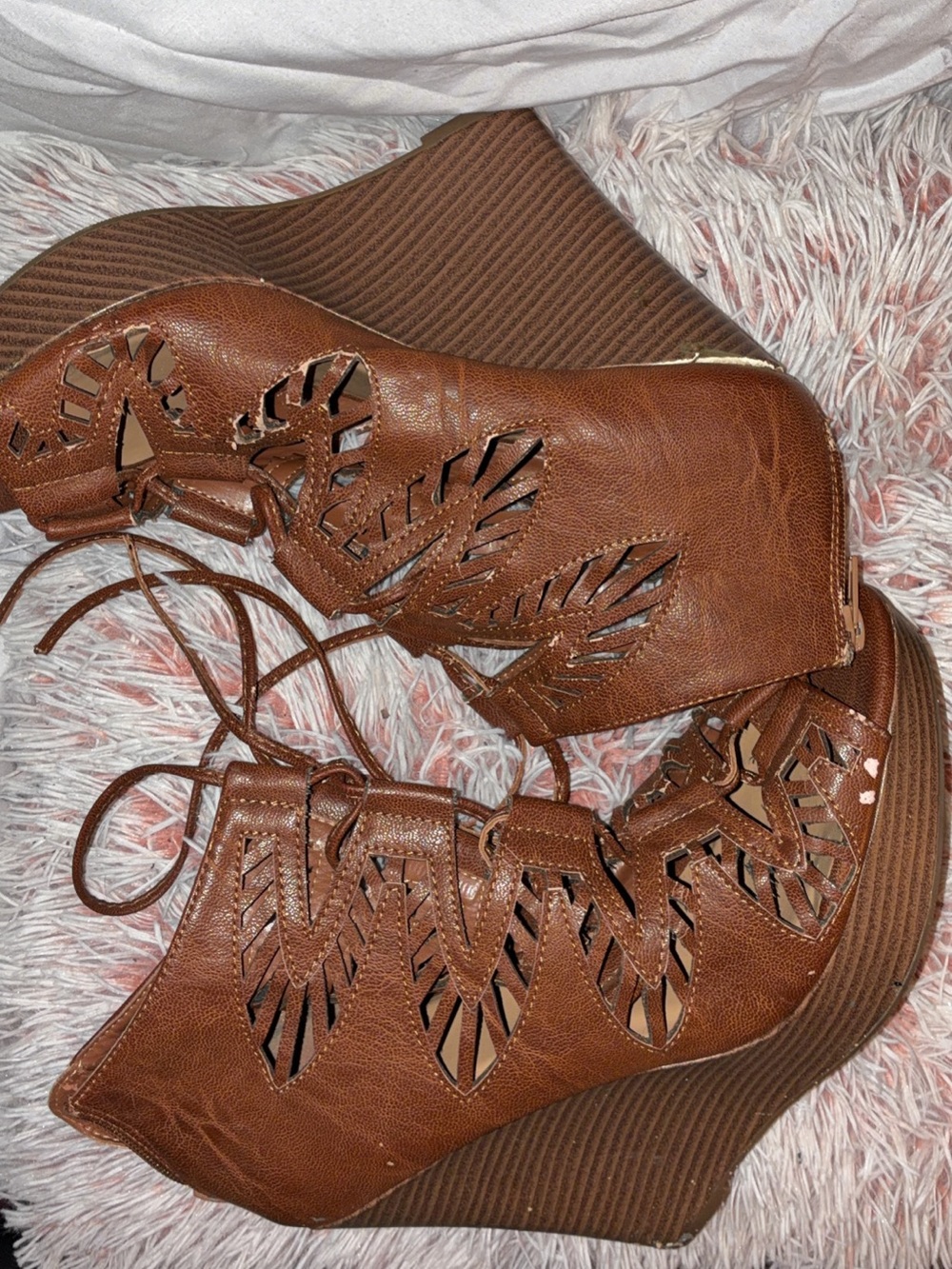 Brown Lace-Up Cutout Wedge Sandals